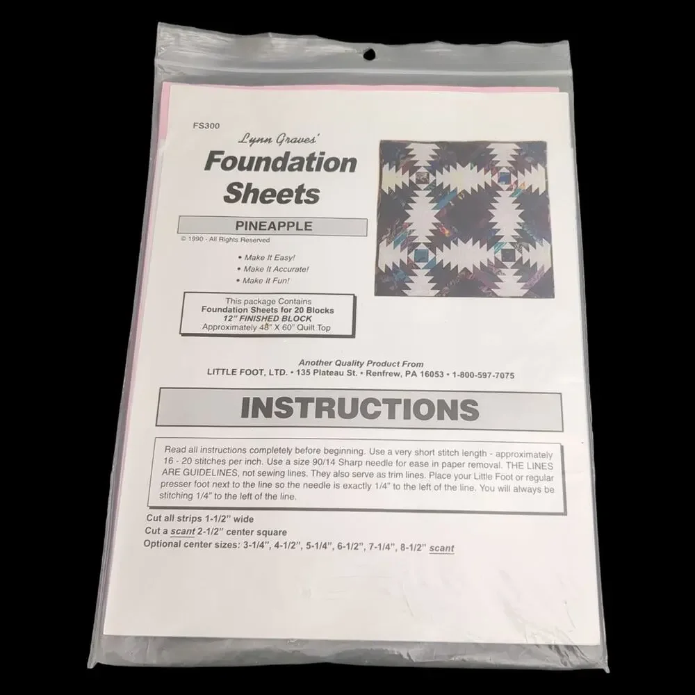 Lynn Graves Foundation Sheets Pineapple #FS300 1 3/4 Package Quilt Pattern